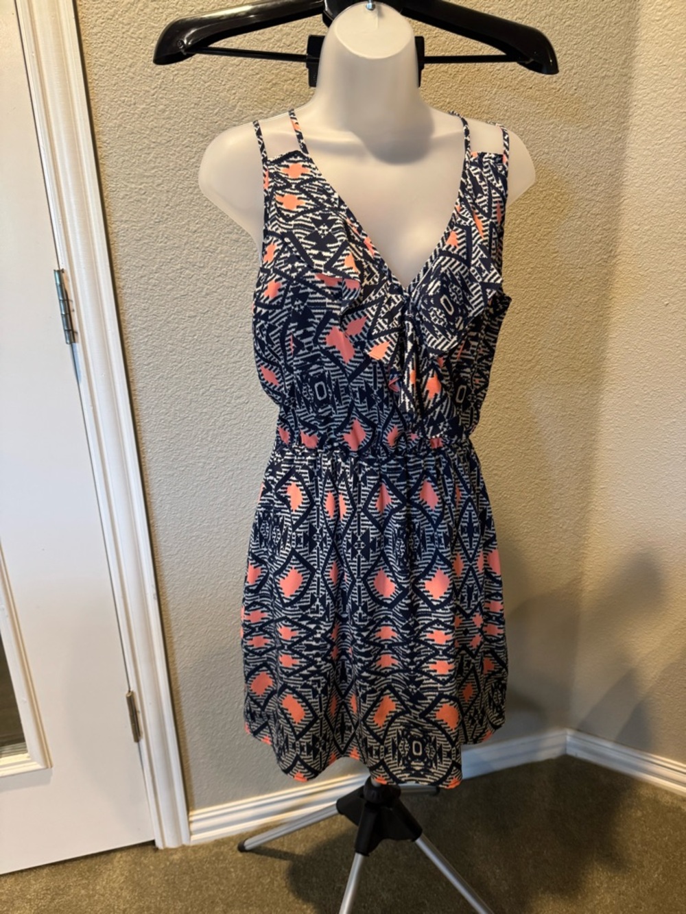 Collective Concepts Navy and Coral Printed Mini Dress Sz PM